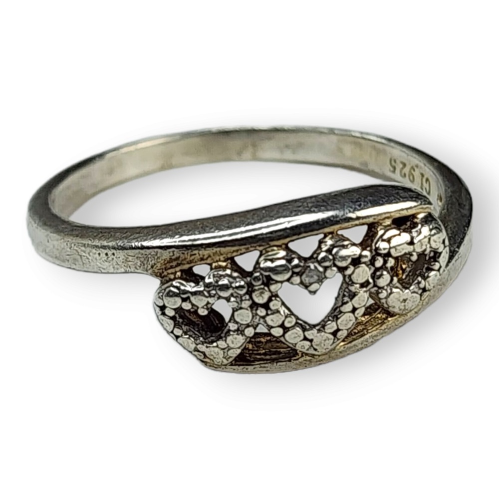 Vintage Three Heart Ring Sterling Silver Size 8 Silver Signed CI 925